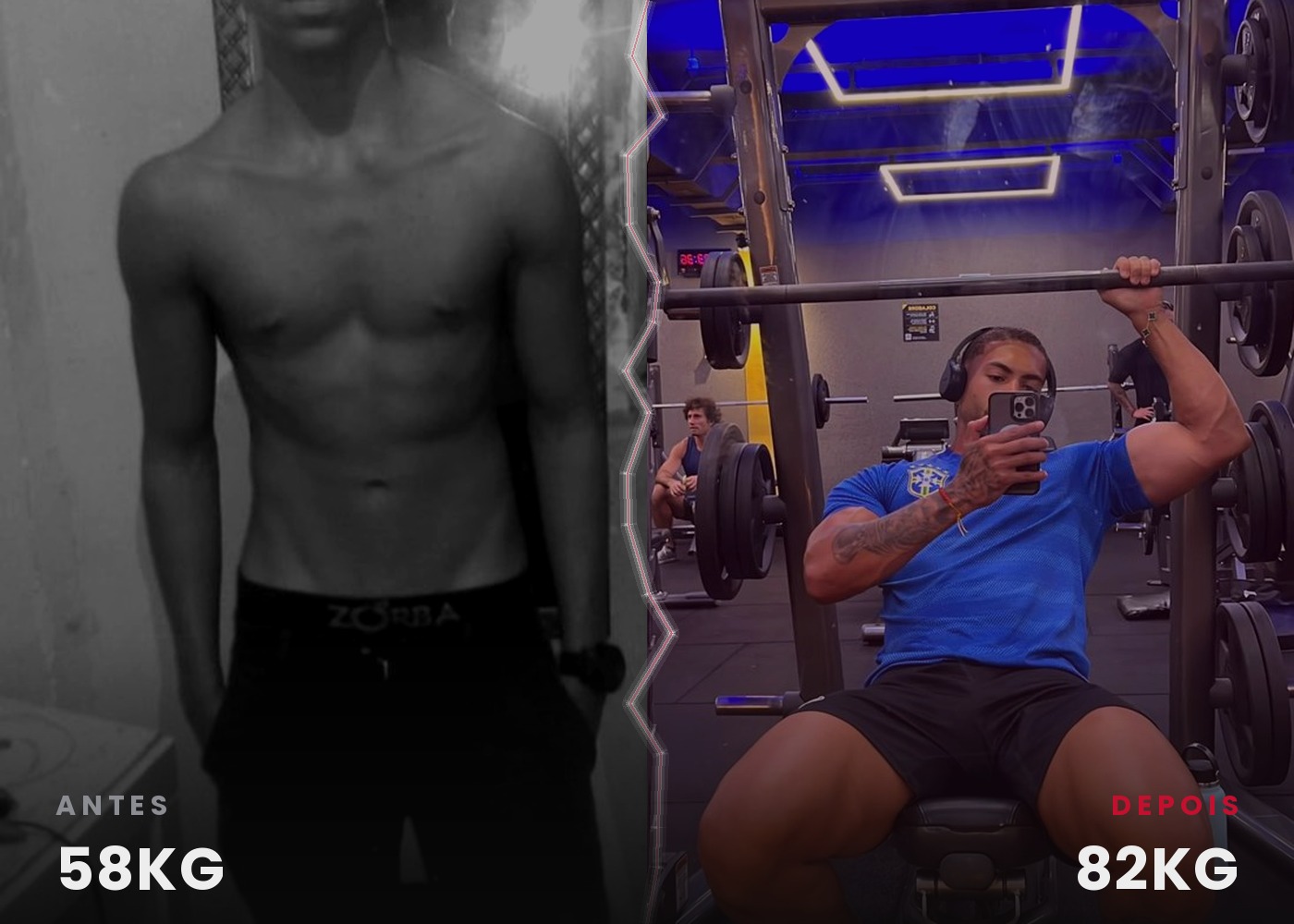 Transformação de Samuel: antes com 58kg e depois com 82kg